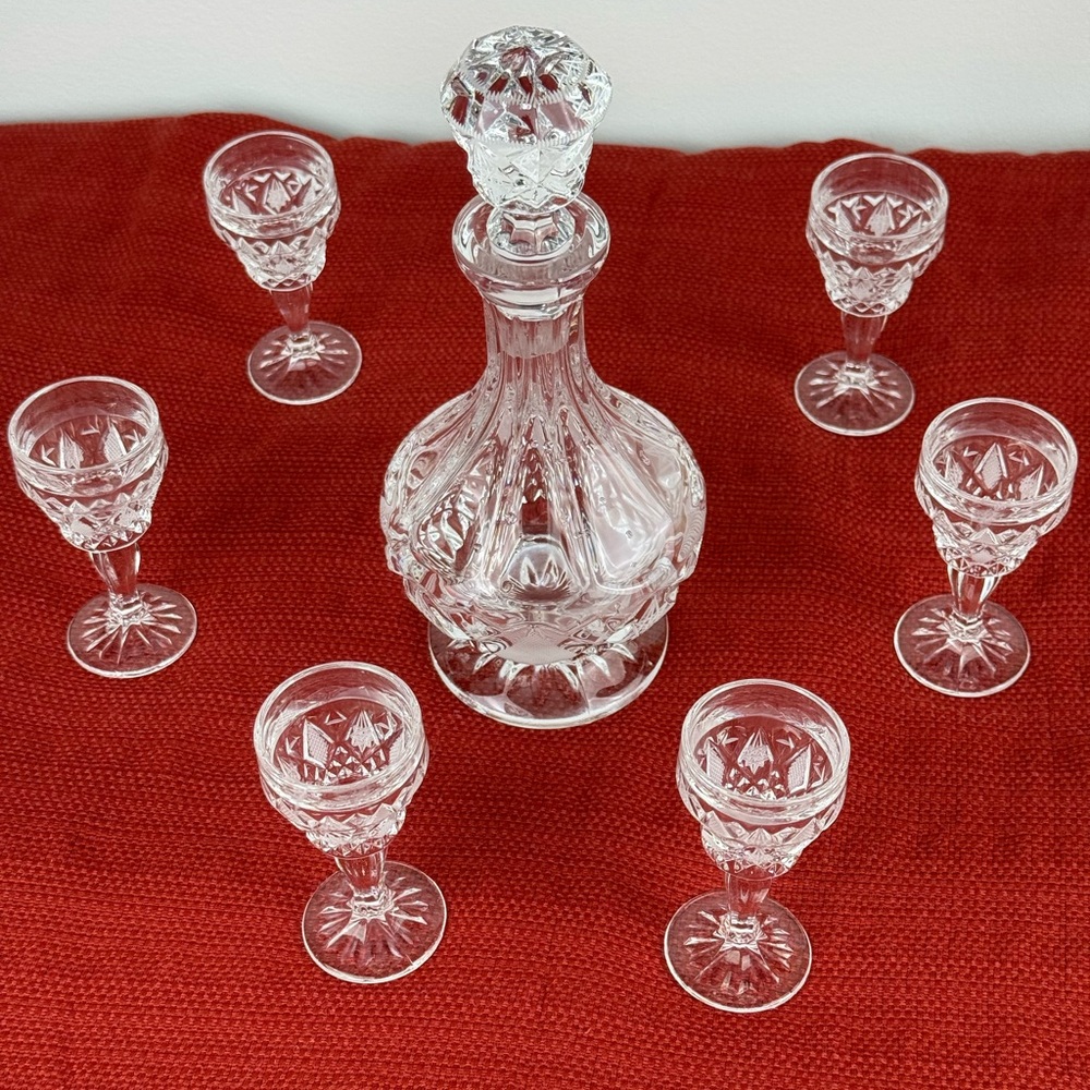 Vintage Crystal Codial Faceted Mini Decanter & 6 Crystal Goblets